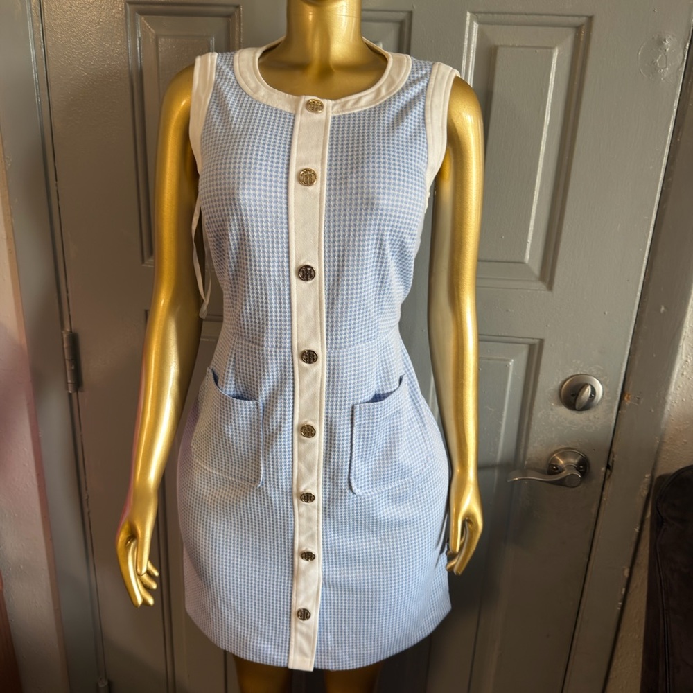 Tommy Hilfiger Light Blue and White Sleeveless Button-Front Mini Dress - Picture 3 of 5